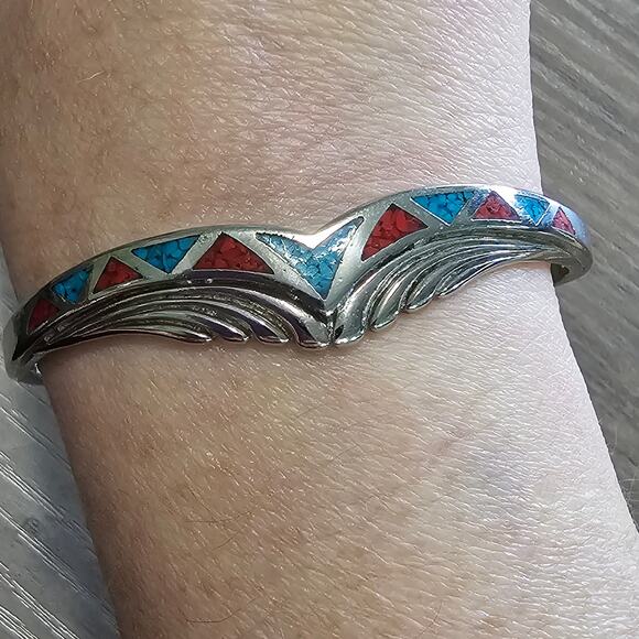 Vintage Southwestern Cuff Bracelet with Crushed Stone Turquoise & Coral Inlay - Picture 1 of 8